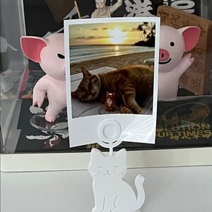 Cute Cat Photo Holder with Pig Figurines reserved for Rebecca